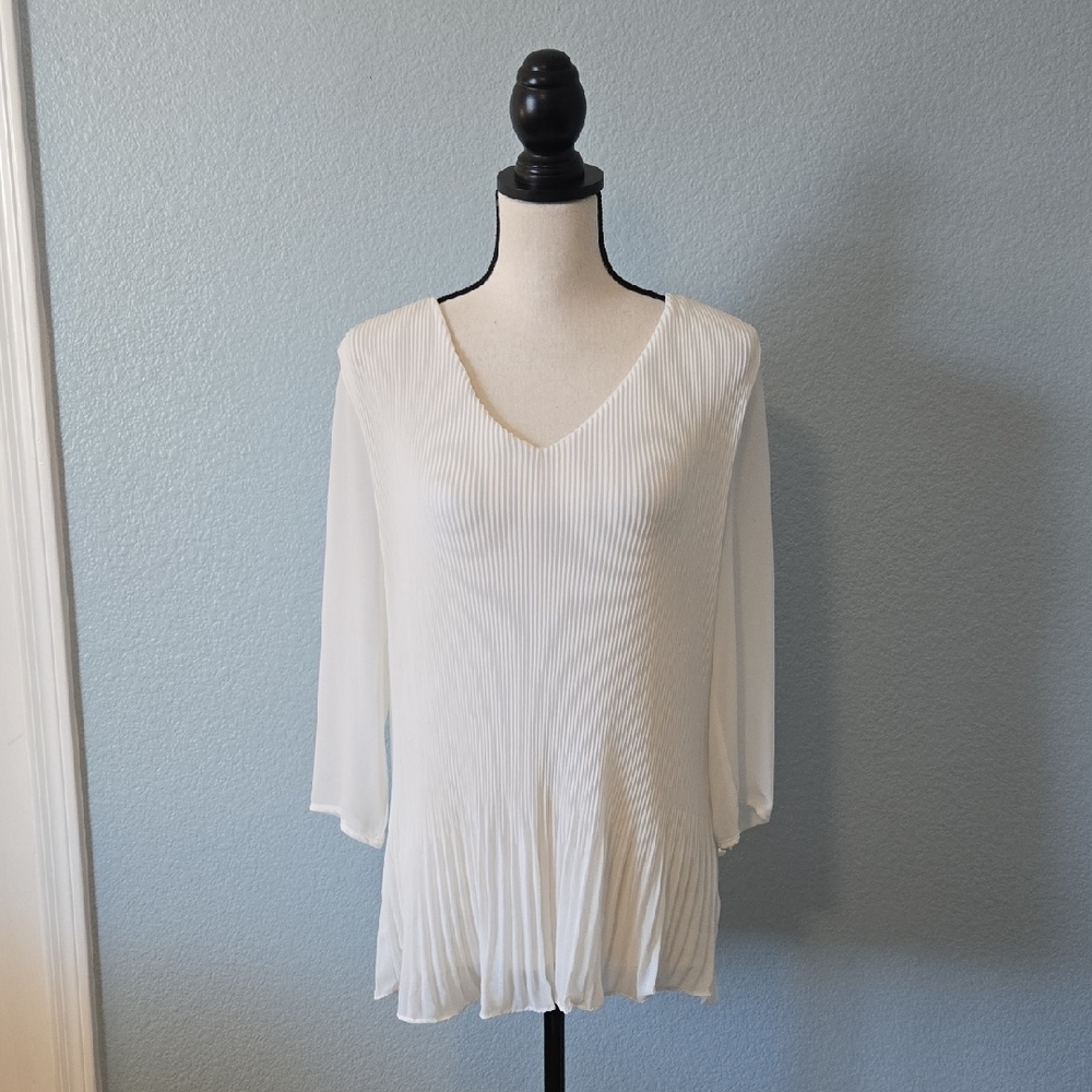 FRANK LYMAN Pleated V-Neck 3/4 Sheer Sleeves Pullover Lined Sz MEDIUM